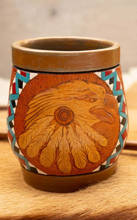 Tykwa - Águia Ceramiczna | rękodzieło, naczynie do yerby | obszyte w skórze | ok. 330 ml
